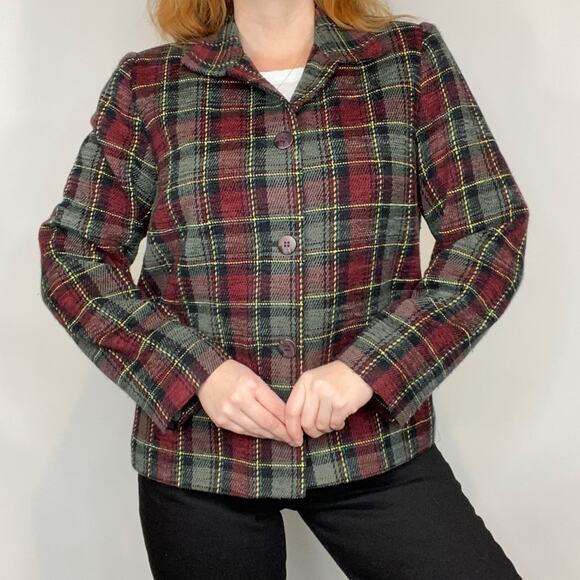 Vintage 90s Sag Harbor Olive & Burgundy Plaid Shacket Shirt Jacket Blazer Coat - Picture 6 of 11